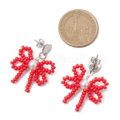 Heart with Bowknot Handmade Glass Seed Beads Dangle Stud Earrings&nbsp;EJEW-MZ00474-02