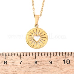 Flat Round with Heart 304 Stainless Steel Pendant Necklaces&nbsp;NJEW-H059-15G