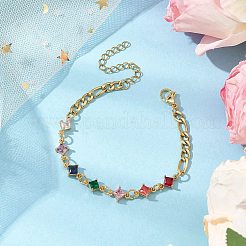 菱形の透明ガラスリンクブレスレット  304ステンレススチールフィガロチェーンジュエリー女性用  ゴールドカラー  8-1/2インチ（21.5cm）&nbsp;BJEW-JB11002