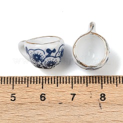 青い花柄プリントの磁器製チャーム、金色の縁取り付き  青と​​白の磁器  ティーカップ  9.5~10x17~18x13~13.5mm  穴：1.6~1.8mm&nbsp;PORC-Z007-06A