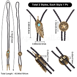 2個 2スタイル フラットラウンド スター&フェザー イーブルアイ ラリアネックレス メンズ レディース  イミテーションレザーコード調節可能なネックレスセット  ブラック  アンティークブロンズ  40.94インチ（104cm）  1個/スタイル&nbsp;NJEW-GF0001-04