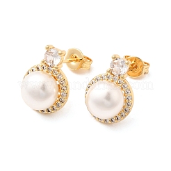 Round Brass Micro Pave Clear Cubic Zirconia Stud Earrings&nbsp;EJEW-A135-26G