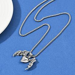 Halloween Alloy Heart with Bat Wings Pendant 201 Stainless Steel Box Chain Necklaces for Women Men&nbsp;NJEW-A056-01P