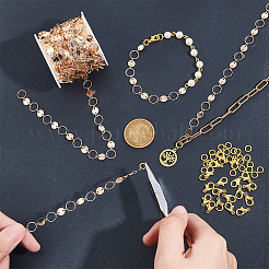 DIY チェーン ブレスレット ネックレス メイキング キット  真鍮製フラットラウンド＆リングリンクチェーンを含む  亜鉛合金カニカン  真鍮製丸カン  ゴールドカラー  チェーン：5m /箱&nbsp;DIY-NB0009-31