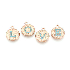 合金エナメルチャーム  フラットラウンドと文字a～z  ライトゴールド  ミディアムターコイズ  17.5~18x15x2mm  穴：1.6~1.8mm&nbsp;PALLOY-T094-12D-KCG