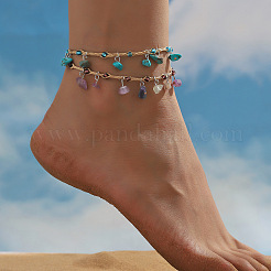Bohemian Style Synthetic Turquoise and Natural Amethyst Chip Tassel Raffia Cord Double Layer Anklets&nbsp;FS-WGA75A5-03