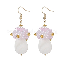 天然淡水貝とアクリルのダングルイヤリング  ティアドロップの花  304ステンレススチールイヤリング金具付き  ゴールドカラー  60~60.5mm&nbsp;EJEW-JE06837