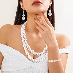 ABSプラスチック模造真珠ビーズジュエリーセット  女性用ネックレス、ダングルスタッドピアス、ブレスレットセット  ホワイト  183mm&nbsp;SJEW-TAC00004