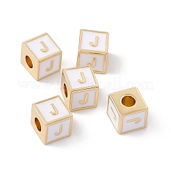メッキ真鍮エナメルビーズラック  カドミウムフリー＆ニッケルフリー＆鉛フリー  18KGP本金メッキ  文字付きのキューブ  ホワイトスモーク  文字.j  6x6x6mm  穴：2.5mm&nbsp;KK-B060-04G-04J