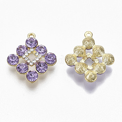黄金は、合金チャームメッキ  ガラスラインストーン付き  菱形  ライラック  23x20x5~6mm  穴：1.4mm&nbsp;PALLOY-N154-01B