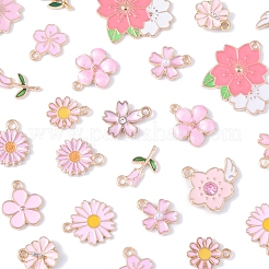 合金エナメルチャーム  花のチャーム  ライトゴールド  ピンク  14~24x10~25.5x1~4mm  穴：2mm  30個/セット&nbsp;FIND-FS0003-97