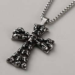 チベット風合金製スカルクロスペンダントベネチアンチェーンネックレス（男性用）  アンティークシルバー  24.02インチ（61cm）&nbsp;NJEW-WH0028-02AS