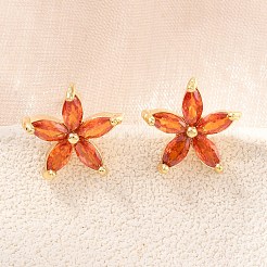 真鍮製 マイクロパヴェ キュービックジルコニア スタッドピアス 女性用  花  カドミウムフリー＆鉛フリー  長持ちメッキ  ラックめっき  18KGP本金メッキ  レッドオレンジ  11.5x12mm&nbsp;KK-A305-05G-06