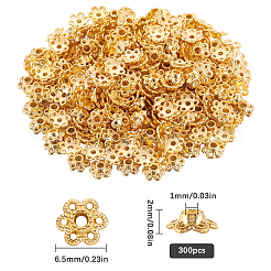 合金ビーズキャップ300個  中空の 6 枚の花びらの花 5 枚の花びら  ゴールドカラー  6.5x2mm  穴：1mm&nbsp;PALLOY-SC0004-38