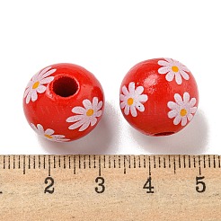 プリントウッドヨーロピアンビーズ  デイジー模様の丸い  レッド  15.5~16mm  穴：4~4.5mm&nbsp;WOOD-G022-19G