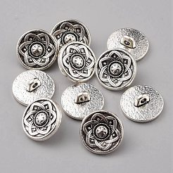 1穴アロイシャンクボタン  フラットラウンド  アンティークシルバー  花柄  15x6.5mm  穴：2.5mm&nbsp;BUTT-WH0020-22A