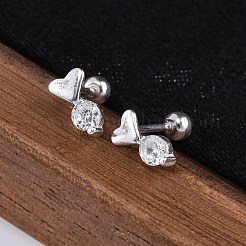 S999 ファインシルバー マイクロパヴェ クリアキュービックジルコニア スタッドピアス  ハート  銀  7x4mm&nbsp;EJEW-F356-05S