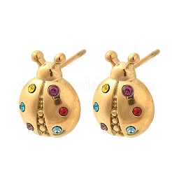 304ステンレススチールスタッドピアス  ラインストーン付き  てんとう虫  ゴールドカラー  13.5x10mm&nbsp;EJEW-F375-02G
