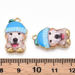 プリントされたライトゴールドトーン合金ペンダント  カートン犬とキャップチャーム  ディープスカイブルー  22.5x14x2.5mm  穴：1.6mm&nbsp;ENAM-N056-208B