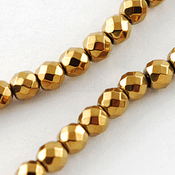非磁性合成ヘマタイトビーズ連売り  グレードA  多面カット  ラウンド  黄金メッキ  2x2mm  穴：1mm&nbsp;G-Q890-2mm-3