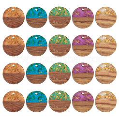 20本5色レジン＆ウォールナットウッドペンダント  フラットラウンド  金フォイル  ミックスカラー  18x3~3.5mm  穴：2mm  4個/カラー&nbsp;RESI-TA0004-43