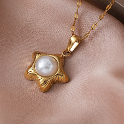 Vintage 304 Stainless Steel Ocean Starfish Pendant Necklaces with Imitation Pearl for Women&nbsp;EC5636