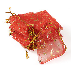 金箔押しの月星オーガンジー巾着ギフトバッグ30個  長方形の収納袋  レッド  9x7cm&nbsp;ABAG-TA0002-21B