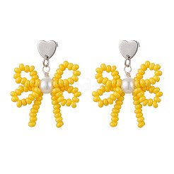 Heart with Bowknot Handmade Glass Seed Beads Dangle Stud Earrings&nbsp;EJEW-MZ00474-01