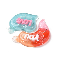 グラデーションカラーの半透明レジンペンダント  グリッターパウダー付き  カップル ハート チャーム with word love you  レッドオレンジ  39x38.5x5.5mm  穴：3.5mm  2個/セット&nbsp;RESI-G048-01A