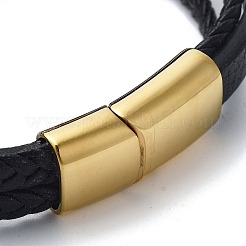 PVD 真空メッキ メンズ ブラック PU レザー コード マルチ連 ブレスレット  長持ちメッキ  マグネット留め金付きノット304ステンレススチールリンクブレスレット  ゴールドカラー  8-3/8x7/8インチ（21.3x2.35cm）&nbsp;BJEW-K243-41G