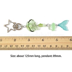 ガラス、ランプワーク、アクリルのペンダント装飾  花と魚の尾  合金スイベルカニカン付き  薄緑  125mm&nbsp;KEYC-FS00033-05