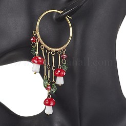 ゴールド真鍮フープピアス  ガラスマッシュルームタッセルイヤリング  カラフル  103x11mm&nbsp;EJEW-JE05669