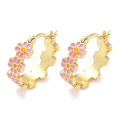 女性用真鍮エナメルフープピアス  花  ラックめっき  長持ちメッキ  鉛フリー＆カドミウムフリー  18KGP本金メッキ  ピンク  18.5x5.5mm&nbsp;EJEW-A167-27A-02