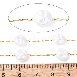 304 Stainless Steel & ABS Plastic Pearl Flat Round Bead Cable Chains&nbsp;CHS-G048-03G