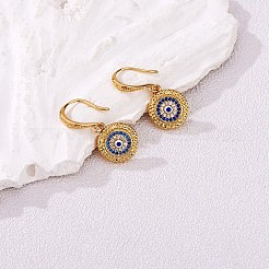 Cubic Zirconia Flat Round with Evil Eye Dangle Earrings&nbsp;EJEW-SW00011-03