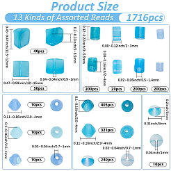 ミックススタイルのガラスビーズ1716個  混合図形  ブルー  2.9~15x2~12x2~8.5mm  穴：0.5~1.4mm&nbsp;GLAA-PA0001-31