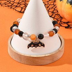 Halloween Alloy Enamel Witch Hat Bat Pumpkin Charm Natural Black Onyx(Dyed & Heated) & Carnelian & Quartz Crystal Round Stretch Bracelets&nbsp;BJEW-TA00757