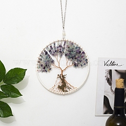 Natural Fluorite & Amethyst Chips Tree of Life Pendant Decorations&nbsp;TREE-PW0002-17