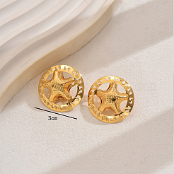 星の付いた丸い鉄製スタッドピアス  ゴールドカラー  30x30mm&nbsp;UN8315
