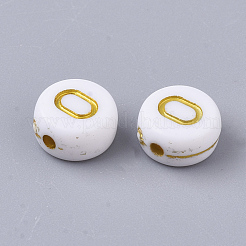 メッキアクリルビーズ  ゴールドライン入り  水平穴  アルファベット付きのフラットラウンド  ホワイト  文字.o  7x3.5mm  穴：1.2mm  約360個/50g&nbsp;X-PACR-R242-01O