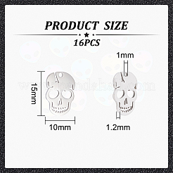 304ステンレススチールチャーム  レーザー切断  手動研磨  スカル  ステンレス鋼色  15x10x1mm  穴：1.2mm  16個/箱&nbsp;STAS-UN0044-71