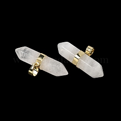 天然水晶ダブルターミナルポインテッドペンダント  真鍮のスナップオンベイルが付いた、ファセット加工の弾丸型ロッククリスタルチャーム  ラックめっき  ゴールドカラー  12.5x32~32.5x9.5mm  穴：6x4.5mm&nbsp;G-NH0001-15G-05