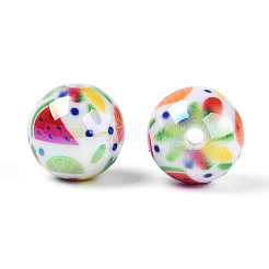 印刷された不透明なアクリルビーズ  丸くフルーツ柄  ABカラー  オレンジ、スイカ、パイナップル  15.9mm  穴：2.8mm&nbsp;X1-MACR-T048-04B
