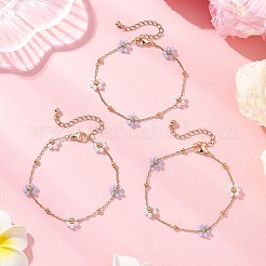 ガラスとABSプラスチックの模造真珠ビーズリンクブレスレット  女性用304ステンレススチールアズキチェーンブレスレット  花  ライトブルー  7-3/8インチ（18.7cm）&nbsp;BJEW-JB12572-03