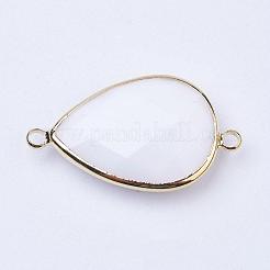 ゴールデントーン真鍮ガラスティアドロップリンクコネクター  ホワイト  21x11x5mm  穴：2mm&nbsp;GLAA-J010A-HF21-G
