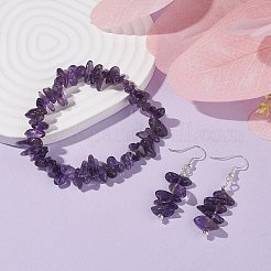 天然アメジストチップビーズジュエリーセット  女性用ジェムストーンストレッチブレスレット＆ダングルピアス  プラチナ  35mm  ピン：0.5mm  内径：2-1/8インチ（55mm）&nbsp;X-SJEW-JS01232-03