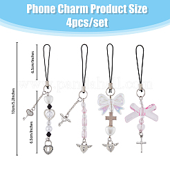 アクリルちょう結びハートパール携帯ストラップ  合金ペンダントとナイロンコードモバイルアクセサリー装飾  ミックスカラー  11~13cm  4個/セット&nbsp;HJEW-PH01890