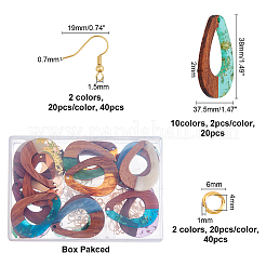 DIYダングルピアス作成キット  レジン＆ウォールナットウッドペンダントを含む  真鍮のピアスフックと丸カン  ティアドロップ  ミックスカラー  37.5x38x3mm  穴：2mm  10色  2個/カラー  20pc&nbsp;DIY-OC0006-16