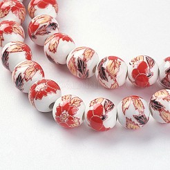 Handmade Flower Printed Porcelain Ceramic Beads Strands&nbsp;PORC-J006-A07