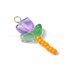 ガラスチャーム  花  304ステンレススチールのフラットヘッドピンとシードビーズ付き  混合色  ゴールドカラー  32.5x14x4.5mm  穴：3mm&nbsp;PALLOY-JF03419-02